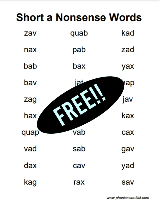 Short A CVC Nonsense Word List Thumbnail