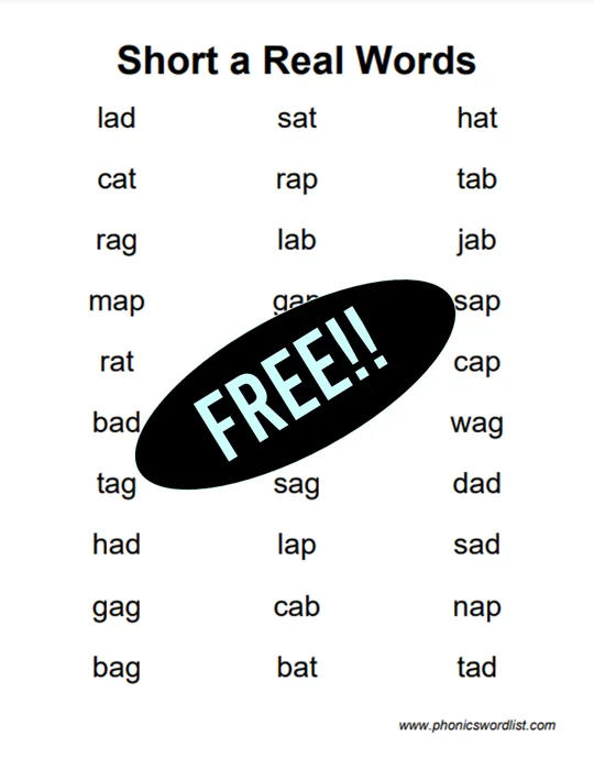 Short A CVC Real Word List Thumbnail