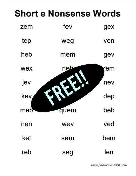 Short E CVC Nonsense Word List Thumbnail