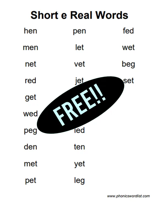 Short E CVC Real Word List Thumbnail