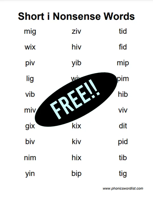 Short I CVC Nonsense Word List Thumbnail