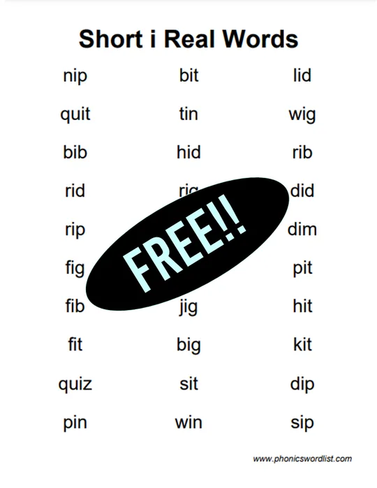 Short I CVC Real Word List Thumbnail
