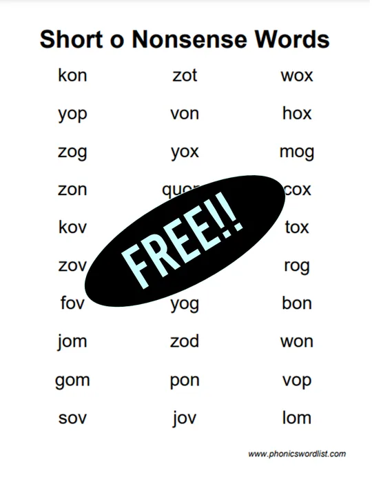 Short O CVC Nonsense Word List Thumbnail
