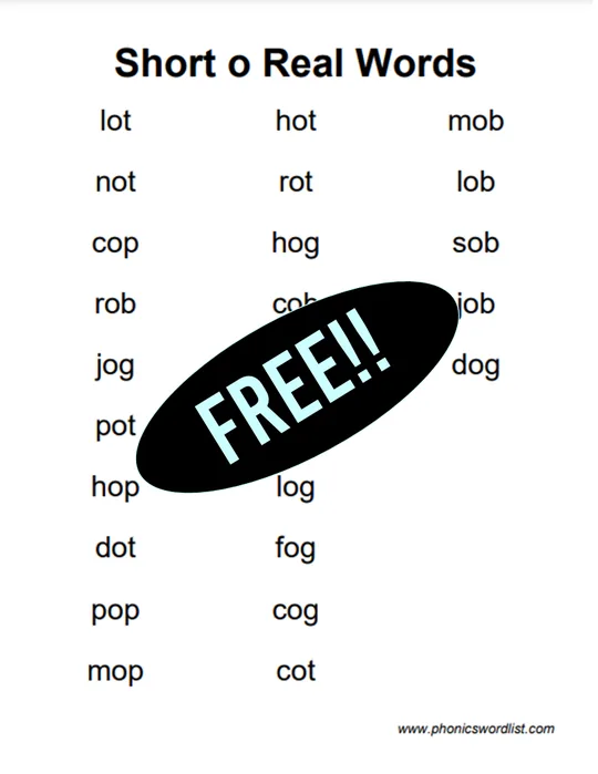 Short O CVC Real Word List Thumbnail