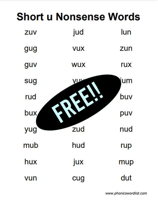 Short U CVC Nonsense Word List Thumbnail